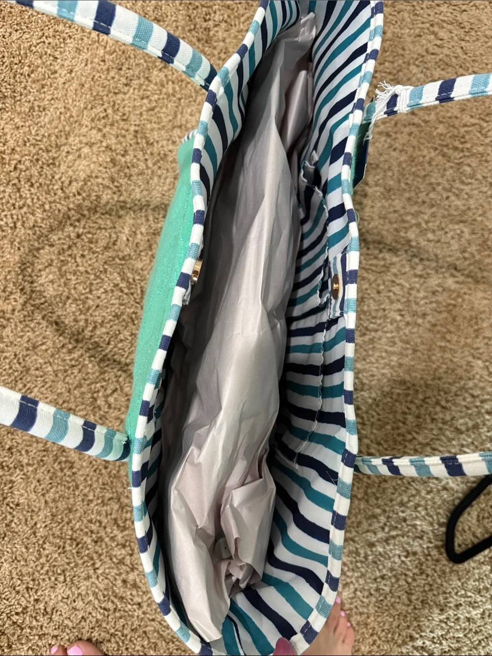 Roller Rabbit Green Embossed Tote with Striped Handles